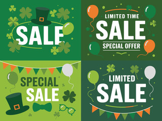 Four festive St Patricks Day sale banners with leprechaun hats shamrocks and colorful balloons