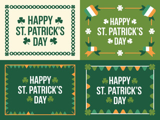Four festive St Patricks Day greeting frames showcase shamrocks, Irish flags, and colorful decorative bunting