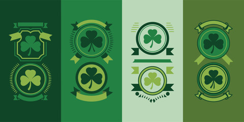 Four green panels showcasing shamrock emblems within decorative ribbons and crest inspired badges