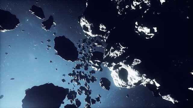 dark asteroid field with icy craters and glinting surfaces, prospector drone scanning for mineral veins while distant starlight silhouettes jagged rock, cold