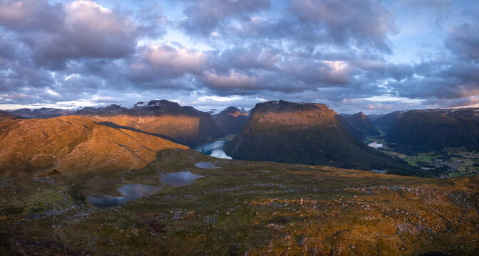 sunset mountain landscape near Breimsvatnet in Vestland County of Norway