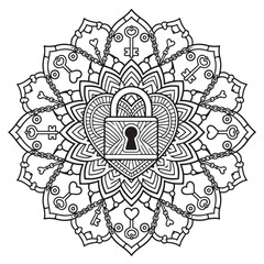 Intricate mandala design featuring a heart lock and various keys on chains
