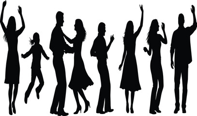 Obraz premium Dancing people silhouette collection featuring men women and child celebrating party moments, black vector illustration set for event designs