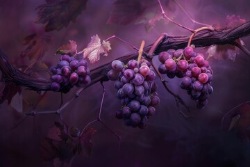 Fototapeta premium Bunches of purple grapes ripening on the vine in a misty vineyard, creating a serene autumn scene