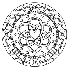 An intricate love knot mandala coloring page featuring hearts, bows, and decorative braided ropes