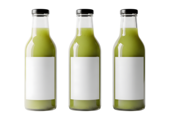 Three Green Bottles with White Labels on Transparent Background