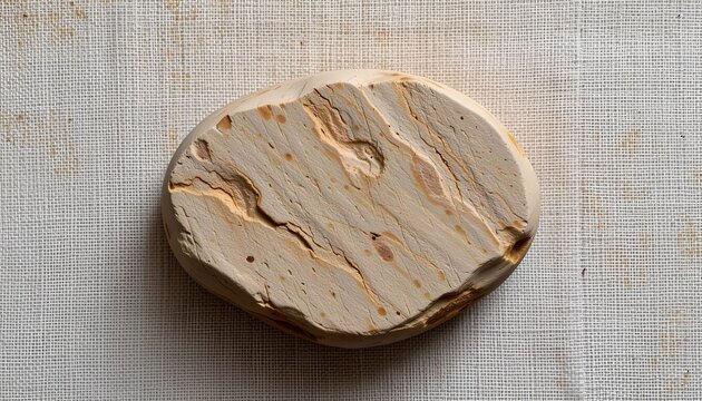 The texture of a raw, unshaped stone placed on a piece of rough canvas, artistic natural light.