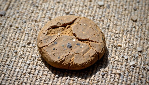 The texture of a raw, unshaped stone placed on a piece of rough canvas, artistic natural light.