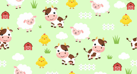 Cartoon farm animal pattern featuring cows, sheep, chicks and farm elements on a light green