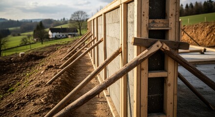 Fototapeta premium Focus on wooden support braces securing hempcrete formwork on uneven terrain illustrating adaptability of green building techniques in rural settings.
