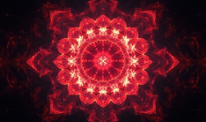 Kaleidoscopic red mandala pattern intricately detailed and glowing against a dark background, radiating a sense of balance and harmony