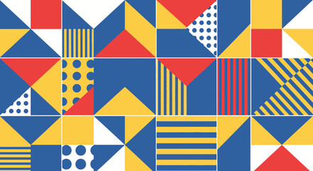 Colorful geometric pattern with triangles squares circles and stripes in vibrant colors creating a