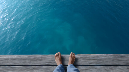 Edge of Serenity: Bare feet dangle over a tranquil ocean, a metaphor for taking the plunge into the unknown. The azure water and weathered wood combine in a beautiful display of freedom.