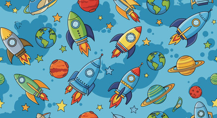 Colorful Seamless Pattern with Rockets Planets and Stars for Children Space Theme Artwork