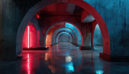 A concrete tunnel with a reflective floor and vibrant red and blue neon lights