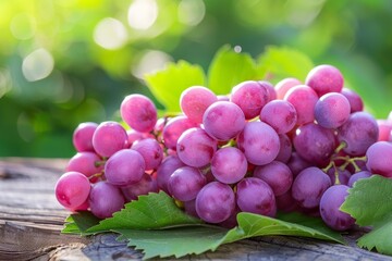 Fototapeta premium Ripe pink grapes lie on a wooden surface with green leaves and blurred vineyard background, showcasing the beauty of harvest season