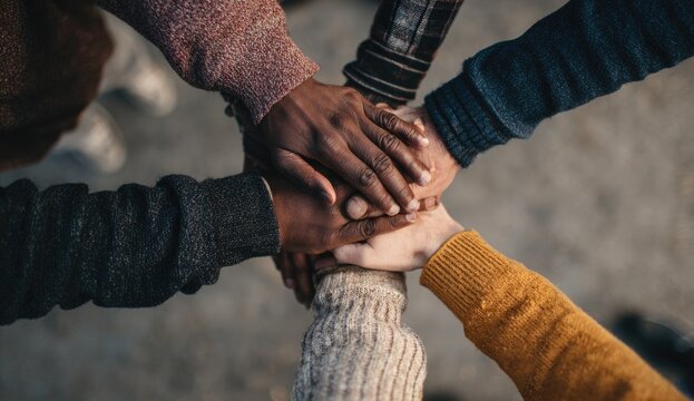 Close-up of diverse hands stacked together in a circle, symbolizing unity and collaboration (1)