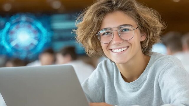 Tech Savvy Student: A bright and studious student, illuminated by the glow of a laptop screen, epitomizes the modern learner with a genuine smile and a spark of curiosity.