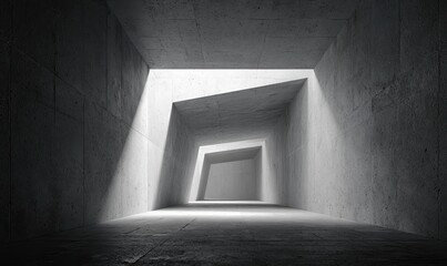 Concrete hallway with geometric, angular design, featuring light from an opening