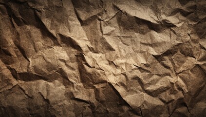 Fototapeta premium Close-up of heavily crumpled brown paper, showcasing texture and deep shadows