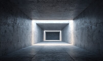 A long, concrete corridor with a rectangular opening at the end, illuminated by natural light