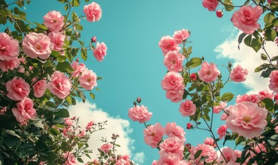 Lush garden filled with blooming pink flowers under a clear blue sky, vibrant natural tones, perfect for floral or seasonal branding