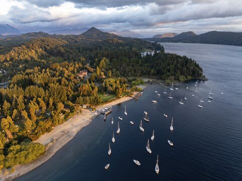 Sailboats in the lake, aerial view near San Carlos de Bariloche, Nahuel Huapi Lake, Pen&iacute;nsula San Pedro, R&iacute;o Negro Province, Argentina