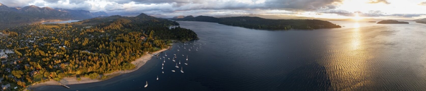 Sailing boats in the lake, panorama, aerial view near San Carlos de Bariloche, Nahuel Huapi Lake, Pen&iacute;nsula San Pedro, R&iacute;o Negro Province, Argentina
