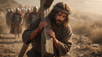 Fototapeta premium Jesus Christ with a crown of thorns carrying the cross on the way to crucifixion. The Passion of Christ and the story of Easter. Biblical scene of suffering and sacrifice