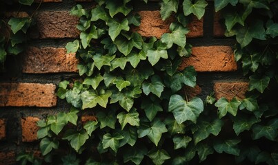 Lush green ivy covering an old brick wall, deep rich textures, soft natural lighting, high-detail macro shot, organic and earthy aesthetic