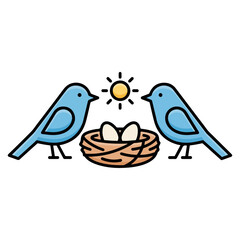 Two blue birds with nest and eggs under sun illustration.