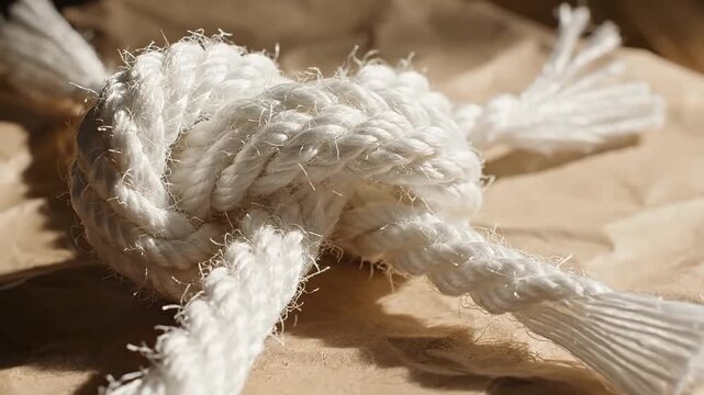 Simple White String Twine Tied in Neat Knot on Rustic Kraft Paper Surface, Minimal Natural Packaging Texture Background