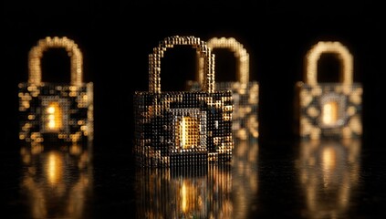 Pixelated gold padlocks on black background symbolizing data protection and digital security