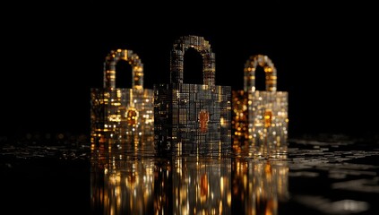 Three pixelated golden padlocks with internal glow reflected on a reflective surface, dark background