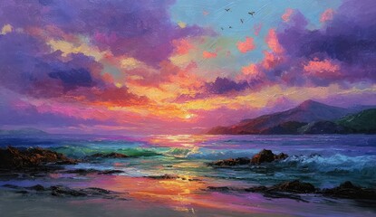 A picturesque seaside sunset painted in vivid colors, with reflection on the water