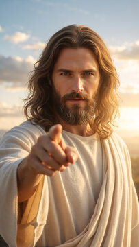 Portrait of Jesus Christ pointing finger at the viewer. Vertical photo of a religious man with a beard and robe during golden hour. Faith and spirituality concept