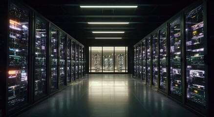 Long corridor filled with glowing server racks, bathed in cool, artificial light