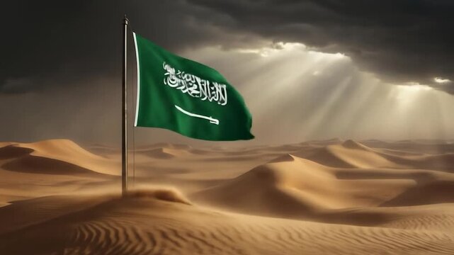 Cinematic Saudi Arabia Flag Waving in Desert Windstorm with Dramatic Sky and Sand Ripples