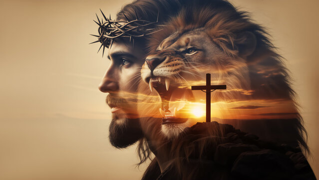Jesus Christ with crown of thorns and roaring lion double exposure. Silhouette of cross on hill at sunset. Christian Easter resurrection background