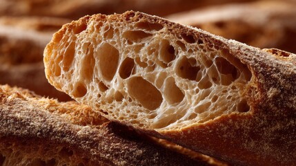 A freshly baked baguette lays cut open, showcasing its light and airy inside. The crust glistens with a rich golden hue, hinting at the cozy charm of a bakery