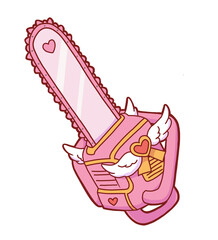 Cute Pink Fantasy Chainsaw Weapon with Hearts and Angel Wings, Magical Girl Game Style, Hand Drawn