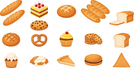 Fresh bakery collection with bread loaf pastry cake cookies and cupcake illustrations.