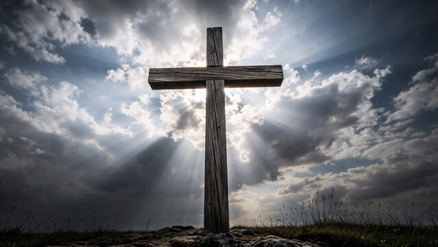 Wooden cross silhouette against a dramatic sky with sun rays. Christian religious symbol of Jesus Christ crucifixion and resurrection. Easter background concept