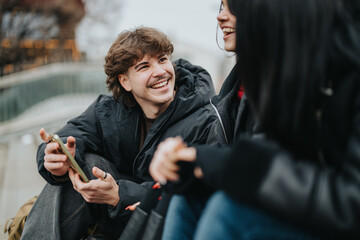 Teenagers sit together outdoors, smiling as one shows a phone. Friends chat and enjoy a casual, relaxed moment.
