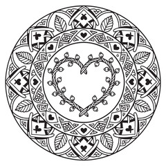 A captivating mandala design featuring a heart-shaped floral wreath and intricate patterns