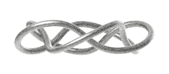  Grainy stippled dots form twisted knot shapes with halftone texture effects and flowing contours creating minimal abstract vector illustration on black background
