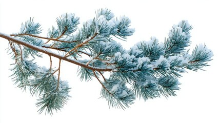 Snow-covered pine branch against a white background, highlighting winter's serene beauty.