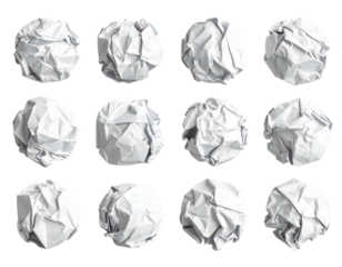 Set of crumpled paper balls from flat lay view isolated on transparent background