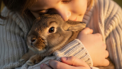 Heartwarming close-up of a child with bunny showing love and care for the pet.