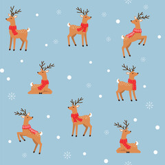 christmas reindeer seamless pattern with cute deer wearing red scarves, winter holiday illustration with snowflakes and snow dots, repeating festive background for fabric, wrapping paper, kids design 
